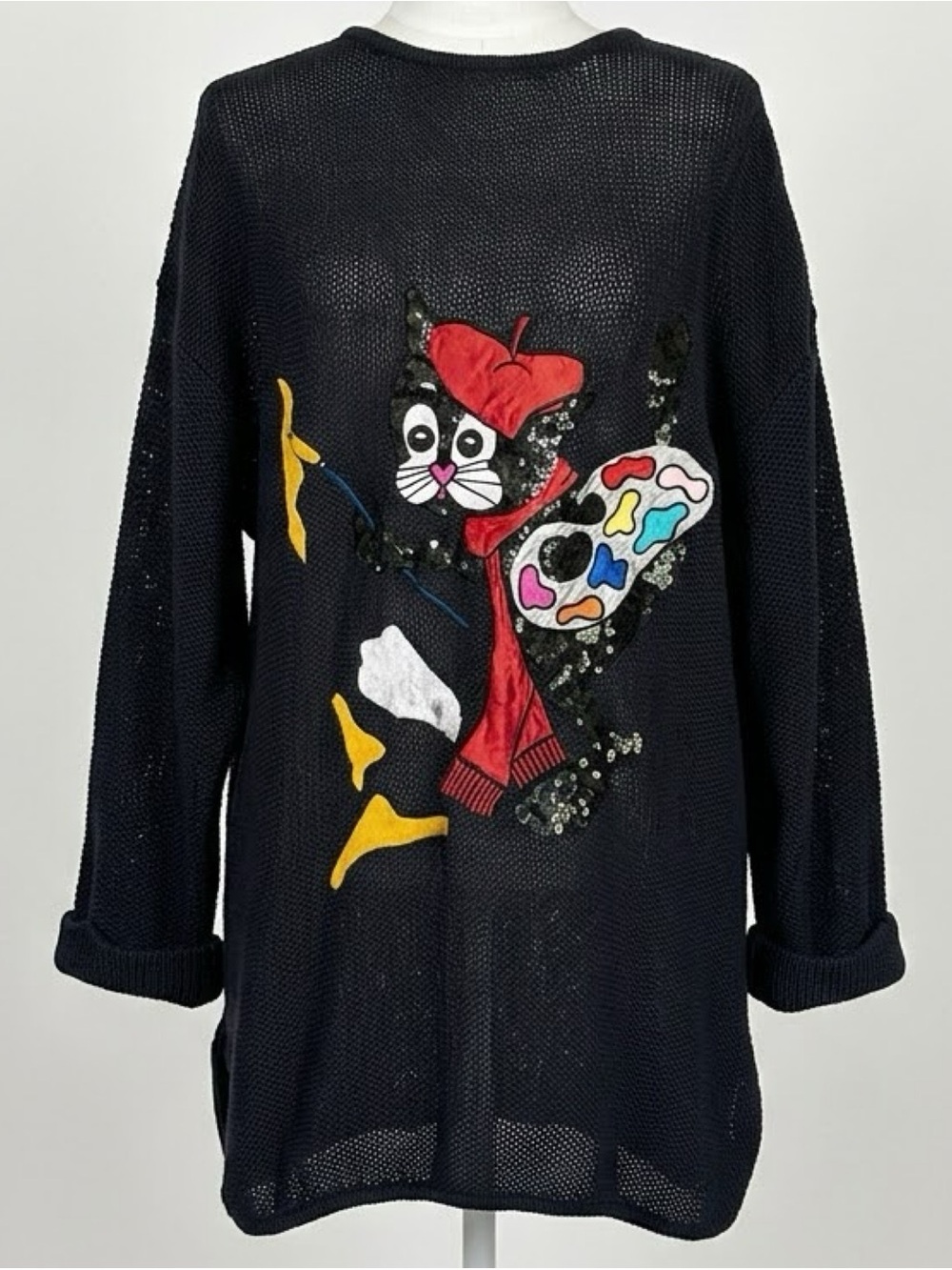 Bonnie Boerer Vintage 80s Artist Cat Sequined Tunic Sweater Black Size Large